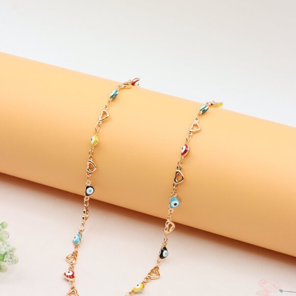 Rose Gold Plated Heart & Multicolor Evil Eye Necklace, XPNL0276 - Picture 5 of 12